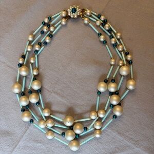 Pearl & turquoise artisnal bead statement necklace, multi-strand, 19" long.